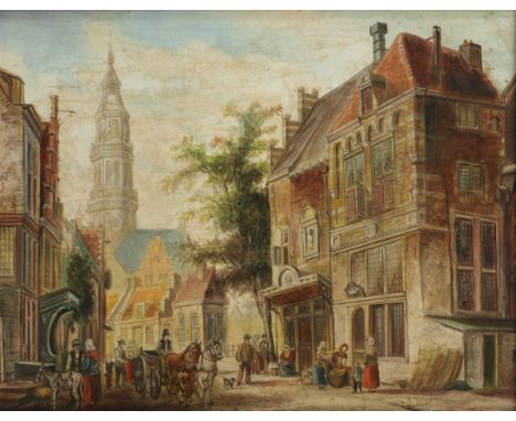   Hollandse School, 20e eeuw, een druk bevolkte straat in een stad. Gesigneerd 'J. Jelgershuis' (rechtsonder), olieverf op pa