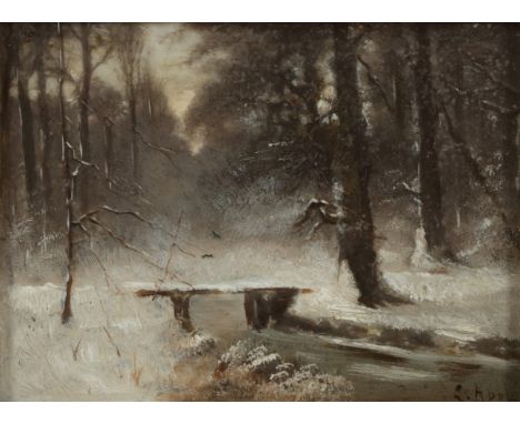   Hollandse School, 20e eeuw. Een boslandschap in winter. Draagt signatuur 'L. Apol' (rechtsonder), olieverf op paneel L: 11 