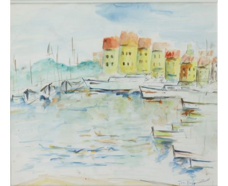   Franse School, 20e eeuw. De Haven van St. Tropez (?). Draagt signatuur 'Jean Dufy' (linksonder), aquarel op papier. Geschat