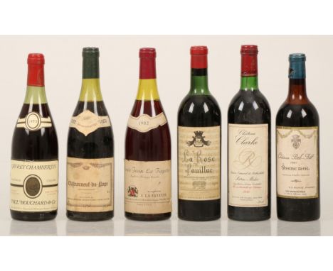   Een lot van (6) rode wijnen. Bestaande uit Châteauneuf-de-Pape - 1982 / Cuvée Jean La Fayette - 1982 / Château Clarke - 198