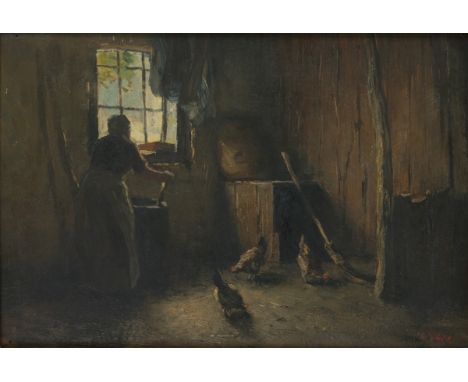   Hollandse Scool ca. 1900, Een boeren interieur met een vrouw bij een watervat.. Onduidelijk gesigneerd (rechtsonder), oliev