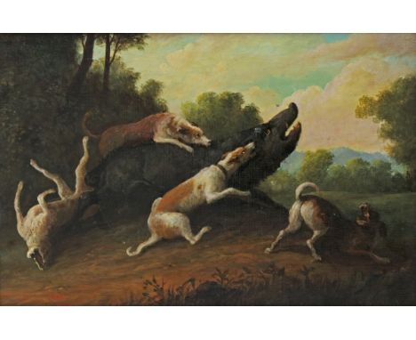   Belgische School, 18e/19e eeuw. Een zwijnen jacht. Olieverf op paneel, niet gesigneerd L: 29 cm, B: 43 cm. Geschatte opbren