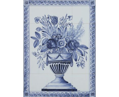   Een Delfts blauw tegel wandtableau. 1e helft 20e eeuw. Afm. 55 x 35 cm.        A Delft blue tile wall panel. 1st half of th