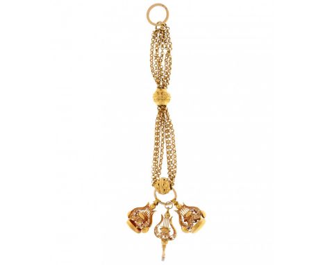   Chatelaine - Filligrain - Goud 18 karaat 18 karaats gouden chatelaine met opwindsleutel en 2 zegels. De ketting, met harp e