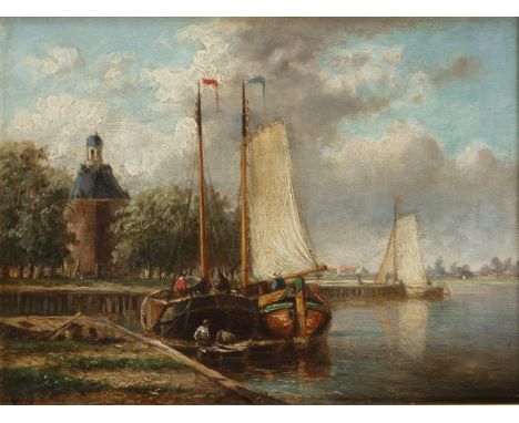   Hendrik Hulk (Amsterdam 1842 - 1947 Haarlem) platbodems aan een kade. Gesigneerd (links onder), olieverf op paneel. L: 20 c