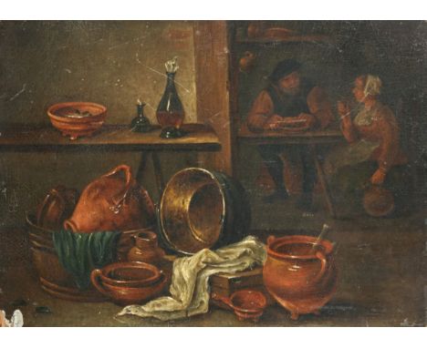   Navolgers David Teniers II, 19e eeuw. Een interieur met figuren aan de maaltijd. Niet gesigneerd, olieverf op paneel, niet 