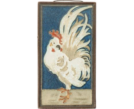   Een Polychroom tegel "HAAN" de "Porceleyne fles" Delft. Afm. 22 x 12 cm. Geschatte opbrengst: € 30 - € 60.        A polychr