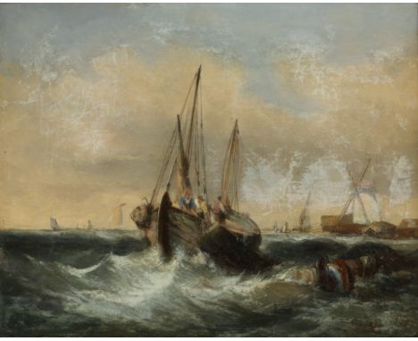  Engelse School, 19e eeuw, het jutten van verloren gegane vracht na de storm. Onduidelijk gsigneerd en gedateerd '1872'(rech