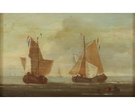   Hollandse School, 19e eeuw. Vissersschepen op een kalme zee. Olieverf op paneel, niet gesigneerd, L: 12 cm, B: 19 cm.      