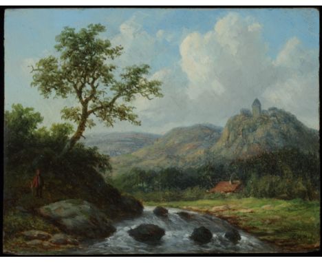   Hendrik Jan Hein (Kampen 1822 - 1866), Een stroomversnelling in een heuvellandschap. Gesigneerd met initialen (rechtsonder)