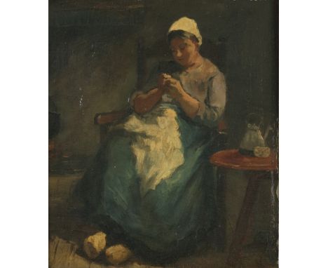   Toegeschreven aan J.S.H. Kever (Amsterdam 1854 - 1922 Laren NH), Een handwerkende vrouw in een interieur. Gesigneerd met in