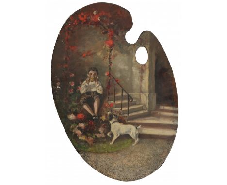   Een schilderspalet, gedecoreerd met een musicerende jongen op een buitentrap. Gemende techniek op paneel. L: 48 cm, B: 33 c