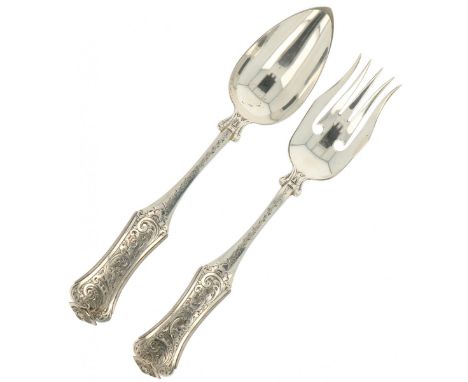   Sla couvert zilver. Fraai versierd met gegraveerde rocaille en florale versieringen in biedemeijer stijl. Nederland, Amster