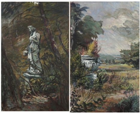   Hans Coumans (geb. Schin op Geul, 1943), Een tweeluik van tuinlandschappen. Olieverf op doek, niet gesigneerd. L: 80 cm, B: