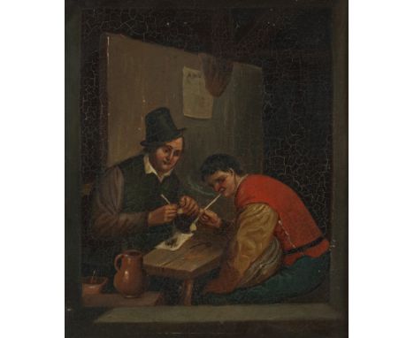   Hollandse School, 1e kwart 20e eeuw. Pijprokers in een herberg interieur Olieverf op paneel L: 20 cm, B: 17 cm. Geschatte o