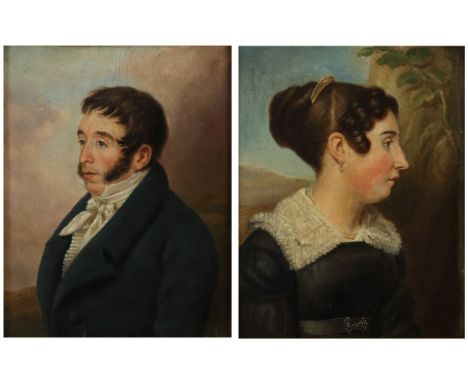   Hollandse School, 19e eeuw. Een heren-, en damesportret  (pendanten). Olieverf op panel, ongesigneerd. (2x) L: 24 cm, B: 18
