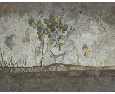  Een slakje op een tuinmuur. Gesigneerd en gedateerd '81' (rechtsonder), olieverf op paneel, B: 50 cm, H: 40 cm. Geschatte o