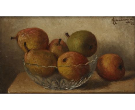   H.A. Hamburger (Londen 1836 - 1919 Amsterdam), een stilleven van peren in een glazen schaal. Gesigneerd, en gedateerd "15"(