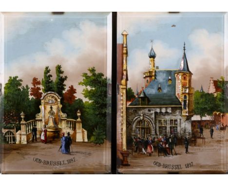   (2) Achter glas schildering. Met afbeelding van : Oud- Brussel 1897. Geschatte opbrengst: € 20 - € 50.        (2) Painting 