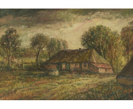   Belgische School, 20e eeuw. Een boerenhoeve in een landschap Onduidelijk gesigneerd (rechtsonder), olieverf op paneel. L: 4
