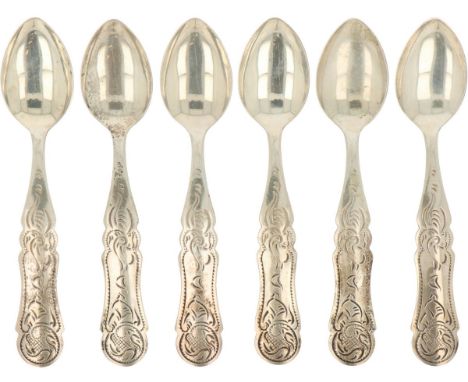   (6) Delig set koffielepels zilver. Voorzien van gegraveerde biedermeijer versieringen. Nederland, Schoonhoven, J. Niekerk, 