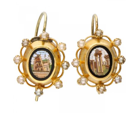   Geelgouden oorbellen, met zaadparel en micro mozaïek - 14 kt. Micro mozaïek van Forum Romanum en Colosseum ingelegd in onyx