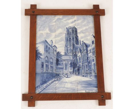  Groot tegel tableau met houten lijst "Sint Laurenskerk" Rotterdam Ca. 76x60,5 cm (inclusief lijst). Geschatte opbrengst: € 3