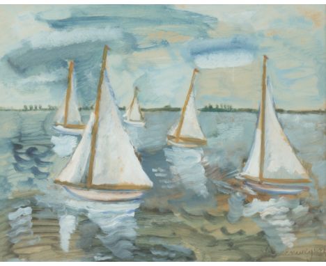   Gust van Steenwegen (Antwerpen 1905 - 1986), Zeilboten op het water. Gesigneerd (rechtsonder), gouache op papier. L: 34 cm,