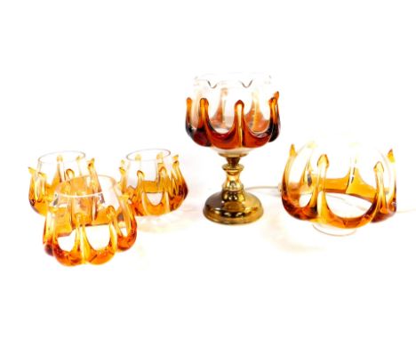 Three Murano amber and clear glass lampshades, mid 20thC together with a ceiling light and a brass table lamp with amber and 