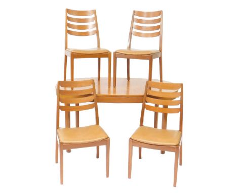 A Nathan teak oval dining table, raised on fluted square legs, 75cm H, 150cm W, 94cm D, together with four single ladder back