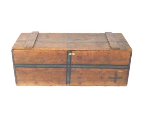 A Victorian pine trunk, with cast iron carrying handles, painted cross decoration, 53cm H, 140cm W, 60cm D.