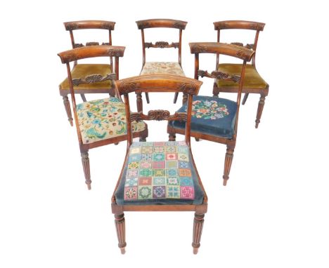 A set of six late Regency faux rosewood and oak single dining chairs, with floral carved back rail, tapestry drop-in seats, r