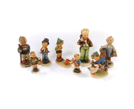 Eight Hummel figures, comprising Little Hiker, Serenade, Sensitive Hunter, Christmas Gift, Village Boy, Barn Yard Hero, Hello