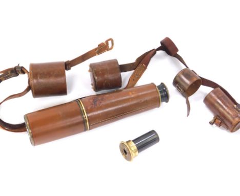 A Broadhurst Clarkson three drawer brass military signaler's telescope MKVI, leather bound, No 7593, O.S.717, G.A, with low a