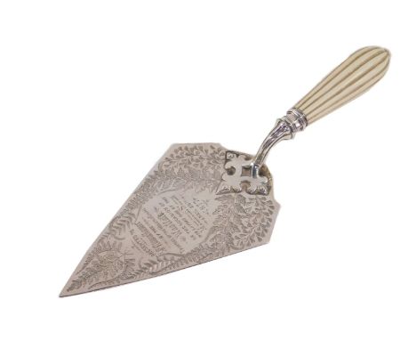 A Victorian silver presentation trowel, engraved with ferns, engraved "Presented to Mr Edwin Hamer, by the Trustees of the We