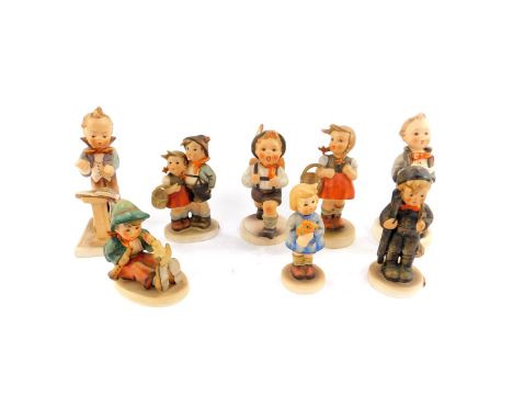Eight Hummel figures, comprising Chimney Sweep, Surprise, Girl with nosegay, Singing Lesson, Soloist, Band Leader, Little Sho