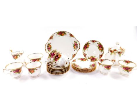 A Royal Albert porcelain part tea service, decorated in the Old Country Roses pattern, comprising teapot, bread plate, cream 