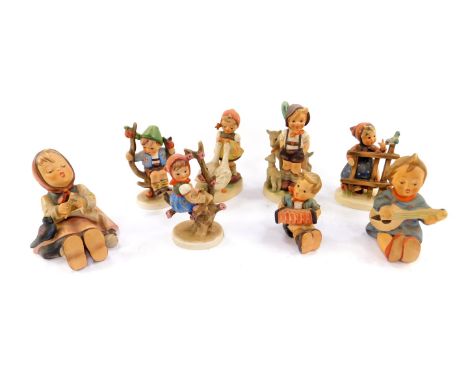 Eight Hummel figures, comprising Signs of Spring, Happy Pastime, Apple Tree Girl, Little Goat Herder, Goose Girl, Apple Tree 