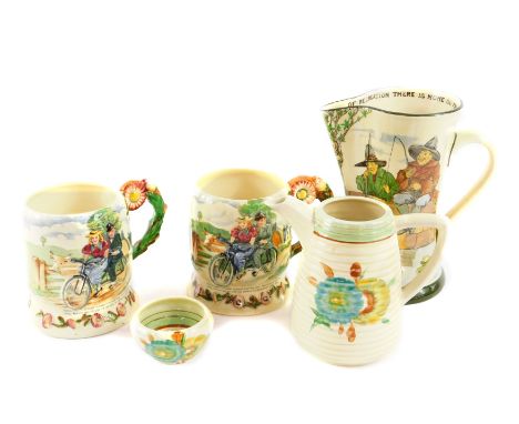 A pair of Crown Devon Daisy Bell musical tankards, Royal Doulton Series Ware jug 'The Gallant Fishers', and a Clarice Cliff c