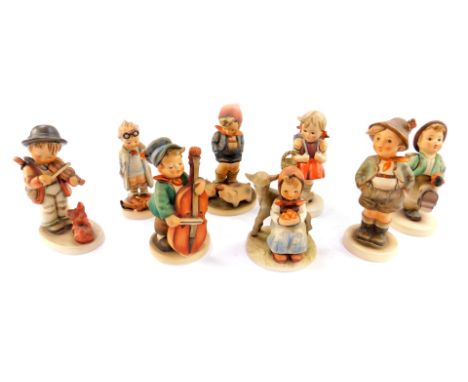 Eight Hummel figures, comprising Farm Boy, Sweet Music, School Girl, Good Friends, Brother, Globe Trotter, Doctor and Puppy L