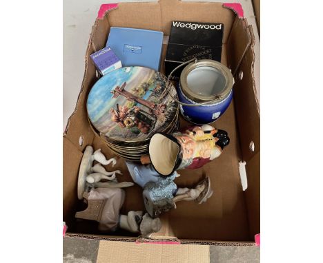 A mixed box to include 3 boxed Wedgwood jasperware items and one other, a Royal Doulton character jug, 3 Nao figures, and a c