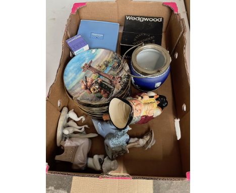 A mixed box to include 3 boxed Wedgwood jasperware items and one other, a Royal Doulton character jug, 3 Nao figures, and a c