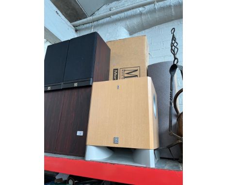 Assorted speakers comprising a Yamaha YST-SW225 sub woofer, a PSB sound bar speaker and a pair of Mordaunt Short MS 25i floor