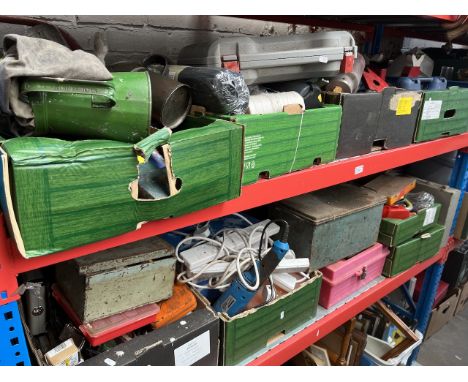 10 boxes of garage wares including electric tools, axle stand, spray gun, oil cans etc 