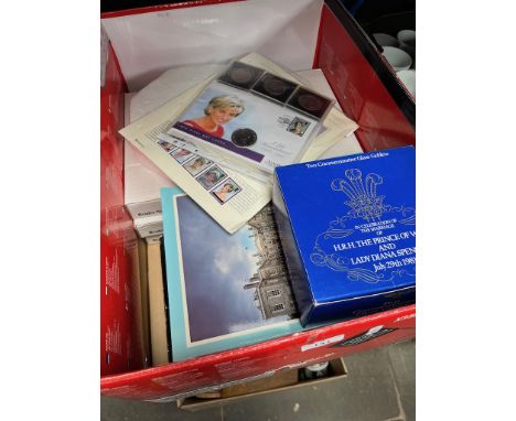 A box of Princess Diana memorablia including coins, collectors plates, books, glasses etc. 