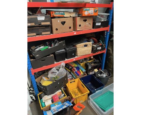 2 shelves and floor area consisting appx 15 boxes, 2 toolboxes, of garage ware and tools including Black and Decker scorpion 