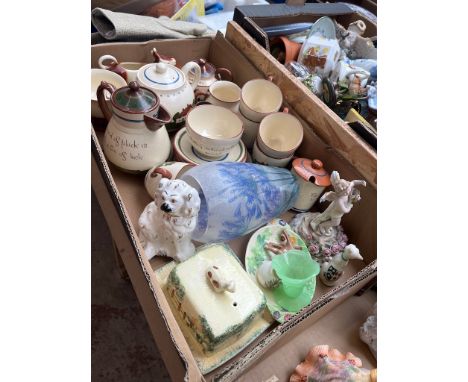 A box of mixed ceramics, including Devon ware, Goebel cow creamer, glass vase etc 