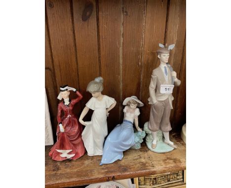 Lladro golfer, two Nao girls and another lady figure 