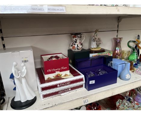 A mixed colection of boxed glass and ceramics including Royal Albert Old Country Roses plates and posy, Masons Ironstone Mand