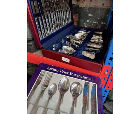 A canteen of Viners plated cutlery in wooden box - appx 60 pieces, and and Arthur Price stainless steel set - appx 44 pieces 